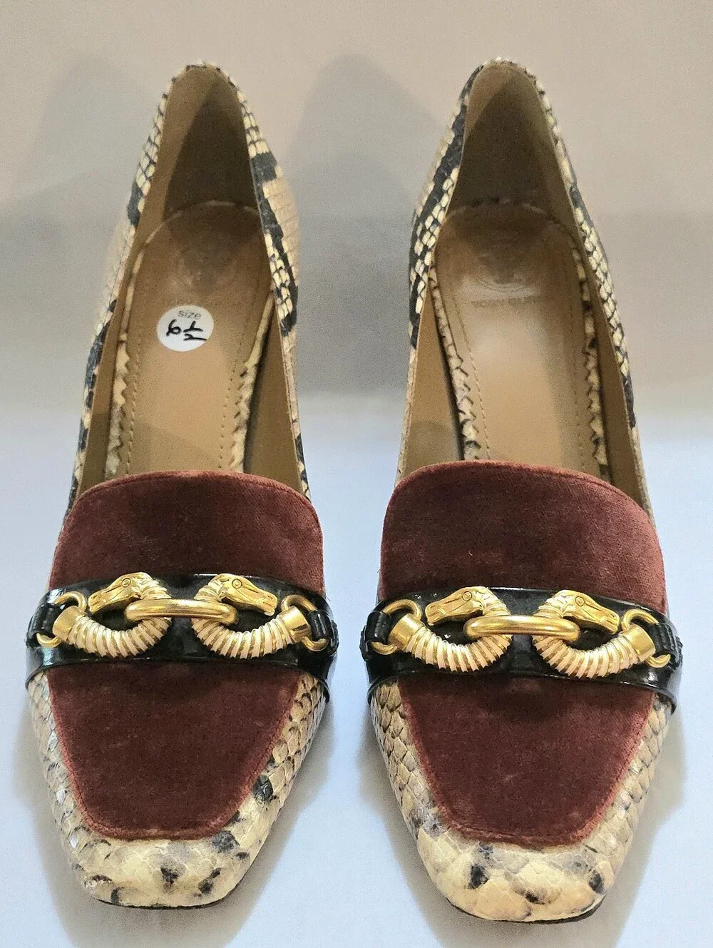 Tory Birch Leather Snake Skin Emboss Zebra Velvet and Gold Pumps Heels Size 8.5